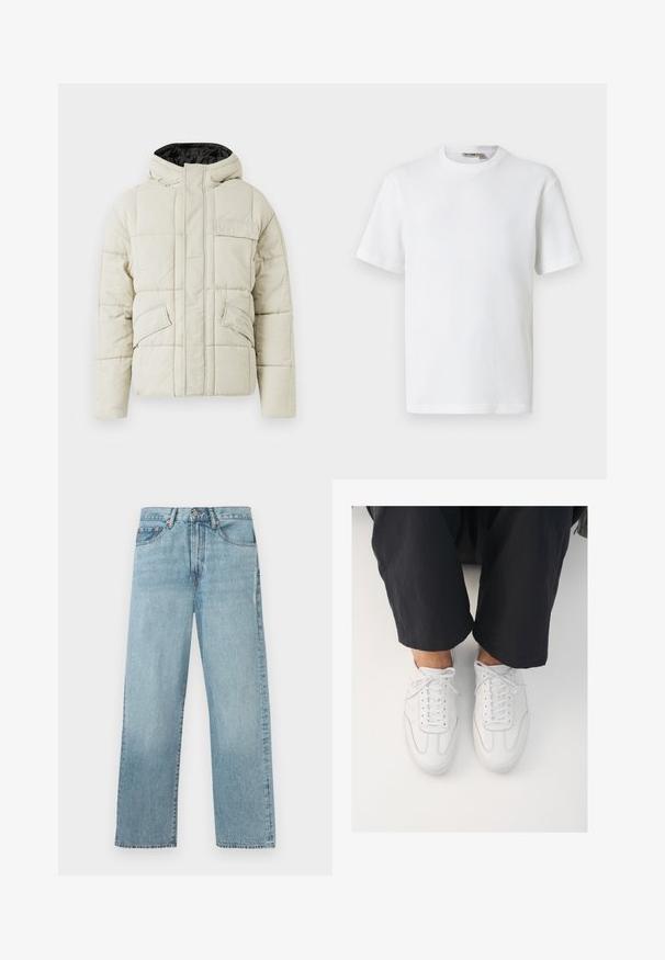 Lys beige polstret jakke med frontlynlås, tre klaplommer og en sort foret hætte, designet til koldt vejr.; Hvid kortærmet t-shirt i vaffelmønster med rund hals og et lille mærke med brandnavn inde i kraven, vist på en ensfarvet baggrund.; Lyseblå denimjeans med lige ben, fem lomme-design og knaplukning i taljen.; Hvide lædersneakers med en glat overflade, rund tå og klassisk snøresystem, placeret over mørke, løse bukser.