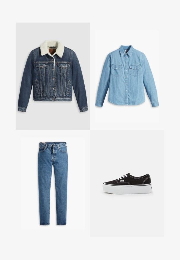 Veste en denim avec un col en sherpa, comprenant deux poches poitrine, des poches latérales et des boutons en argent. Tissu bleu foncé déchiré.; Chemise en denim bleu clair à manches longues, col pointu, deux poches poitrine, patte de boutonnage et texture subtile. Pas de motifs visibles.; Jeans en denim bleu clair avec une coupe droite, cinq poches et un zip standard. Présente des coutures oranges et une texture légèrement délavée.; Baskets en toile noires avec une semelle en caoutchouc blanc, dotées de lacets et de coutures blanches, marquage emblématique sur le côté, design basse.