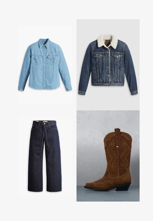Denimjakke med sherpa-fôret krave, udstyret med to brystlommer, sidelommer og sølvknapper. Distressed mørkeblå stof.; Lyseblå denimskjorte med lange ærmer, spidse krave, to brystlommer, knaplukning og subtil tekstur. Ingen synlige mønstre.; Bredde ben mørkeblå denim jeans med høj talje, der har snoretræk, fem lommer og kontrastsyet detaljer.; Brun ruskind cowboystøvle med dekorativ syning og et flagemblem på skaftet, stående på et trægulv udendørs.