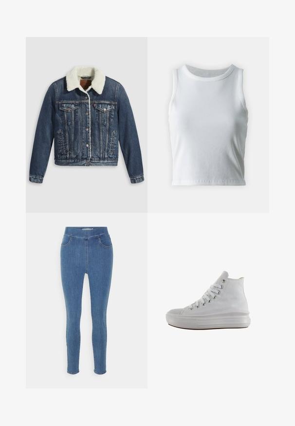 Denimjakke med sherpa-fôret krave, udstyret med to brystlommer, sidelommer og sølvknapper. Distressed mørkeblå stof.; Hvid ribbet tanktop med rund halsudskæring og ærmeløs design, med en lige kant og en glat, strækbar tekstur.; Blå denim jeggings med en glat tekstur, høj talje, fem-lomme design og tapered ben. Standard længde med en simpel kant.; Hvid højt canvas sneaksko med hvide snørebånd, metaløjer, tyk gummisål og tekstureret tåhætte, vendt mod venstre på en hvid baggrund.