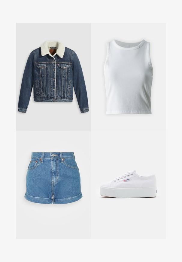Denimjakke med sherpa-fôret krave, udstyret med to brystlommer, sidelommer og sølvknapper. Distressed mørkeblå stof.; Hvid ribbet tanktop med rund halsudskæring og ærmeløs design, med en lige kant og en glat, strækbar tekstur.; Højtaljede denimshorts i lyseblå, med rullekant, fem-lommers design og metalknaplukning med kontrastsyninger.; Hvide canvas sneakers med en tyk hvid platformssål, rund tå og metaløjelets til snørebånd. Mærkets logo præsenteret på siden.