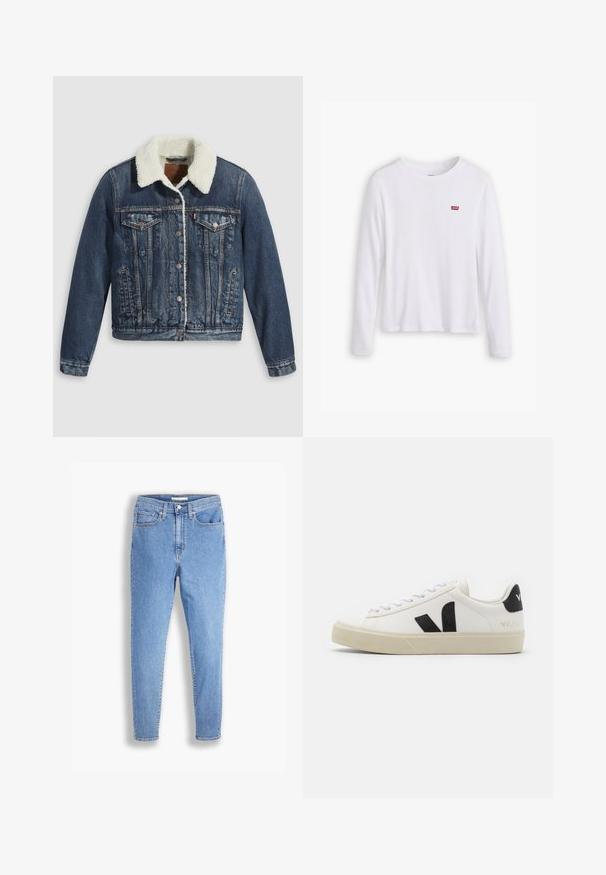 Jeansjacke mit einem mit Sherpa gefütterten Kragen, ausgestattet mit zwei Brusttaschen, Seitentaschen und silbernen Knöpfen. Abgenutzter dunkelblauer Stoff.; Weißes Langarmhemd aus weicher Baumwolle. Mit kleinem rotem Levi's-Logo auf der linken Brust. Klassisches Rundhals-Design.; Hellblaue, hoch-taillierte, schmale Jeans mit vorderen und hinteren Taschen, Knopfverschluss und Gürtelschlaufen auf weißem Hintergrund.; Weißes Leder-Sneaker mit schwarzem Gummi-V-Logo. Strukturierte cremefarbene Sohle, weiße Schnürsenkel und Fersendetail in Schwarz mit dem Markennamen.