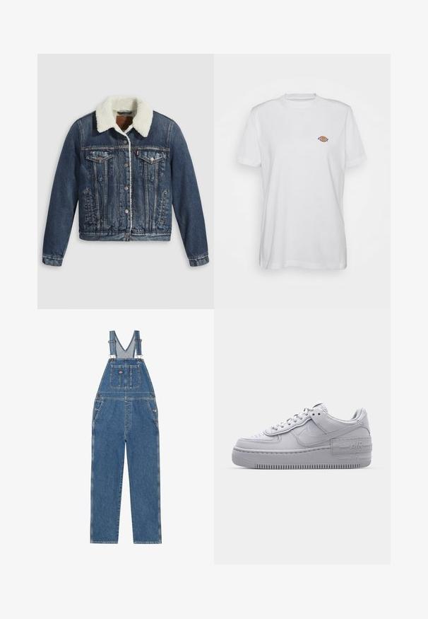 Jeansjack met een sherpa-gevoerde kraag, voorzien van twee borstzakken, zijzakken en zilveren knopen. Versleten donkerblauwe stof.; Witte katoenen t-shirt met een ronde hals en korte mouwen, voorzien van een klein, kleurrijk "Diesel" logo geborduurd op de borst.; Denim tuinbroek met verstelbare schouderbanden, V-vormige bies, voorzak en zijzakken. Heeft een klassieke blauwe kleur en contrasterende stiksels.; Grijze Nike Air Force 1 sneaker met geperforeerde neus, glad leren bovenwerk, dikke zool en verhoogde 'AIR' details op de hiel.