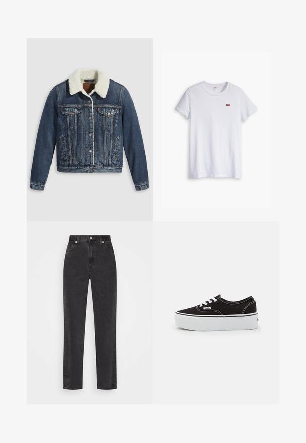 Jeansjacke mit einem mit Sherpa gefütterten Kragen, ausgestattet mit zwei Brusttaschen, Seitentaschen und silbernen Knöpfen. Abgenutzter dunkelblauer Stoff.; Weißes Baumwoll-T-Shirt mit kurzen Ärmeln und rundem Ausschnitt. Besitzt ein kleines rotes Levi's-Logo auf der linken Brustseite.; Schwarze Denim-Jeans mit geradem Bein, hoher Taille, vorderem Knopf und Reißverschluss sowie fünf Taschen auf weißem Hintergrund.; Schwarze Leinensneaker mit einer weißen Gummiplattformsohle, weißen Schnürsenkeln und Nähten, ikonischer Markenaufdruck an der Seite, im Low-Top-Design.