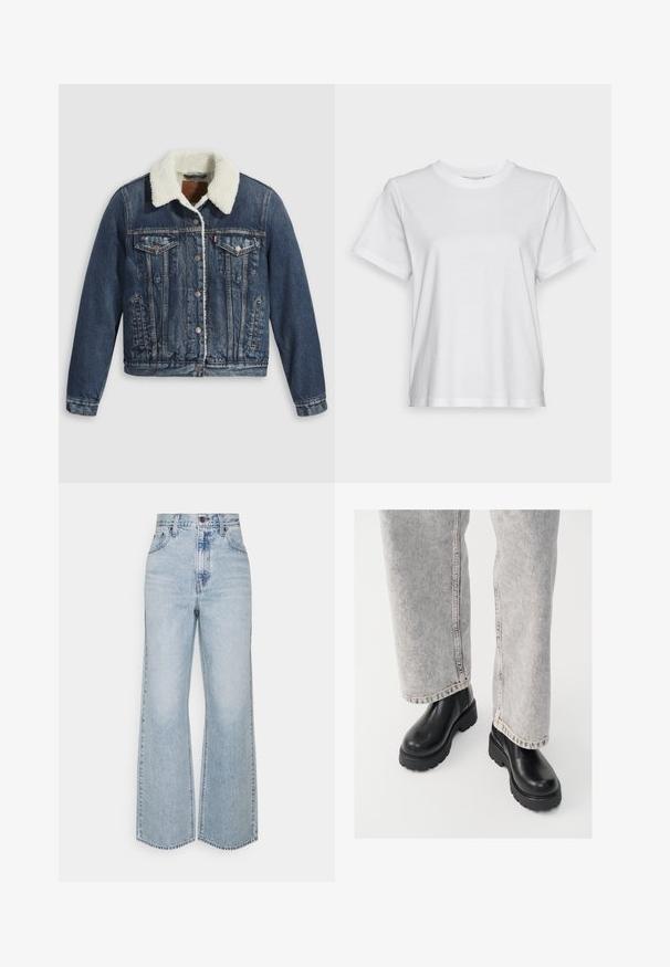 Jeansjacke mit einem mit Sherpa gefütterten Kragen, ausgestattet mit zwei Brusttaschen, Seitentaschen und silbernen Knöpfen. Abgenutzter dunkelblauer Stoff.; Weißes Baumwoll-T-Shirt mit kurzen Ärmeln, Rundhalsausschnitt und lässigem Schnitt. Glatte Textur, keine Muster oder Grafiken, einfaches Design.; Helle blaue Jeans im weiten Schnitt mit hoher Taille, klassischem Fünf-Taschen-Design und kontrastierenden Nähten. Unfinished Saum am unteren Ende.; Vagabond COSMO - Plateaustiefelette - black