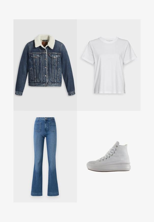 Jeansjacke mit einem mit Sherpa gefütterten Kragen, ausgestattet mit zwei Brusttaschen, Seitentaschen und silbernen Knöpfen. Abgenutzter dunkelblauer Stoff.; Weißes Baumwoll-T-Shirt mit kurzen Ärmeln, Rundhalsausschnitt und lässigem Schnitt. Glatte Textur, keine Muster oder Grafiken, einfaches Design.; Ausgestellte blaue Jeans aus Denim mit normaler Bundhöhe, ausgestattet mit zwei Gesäßtaschen und einer sauberen Saumlinie. Glatte Textur und klassisches Design.; Weißer High-Top-Canvas-Sneaker mit weißen Schnürsenkeln, metallischen Ösen, dicker Gummisohle und strukturierter Zehenkappe, nach links auf weißem Hintergrund ausgerichtet.