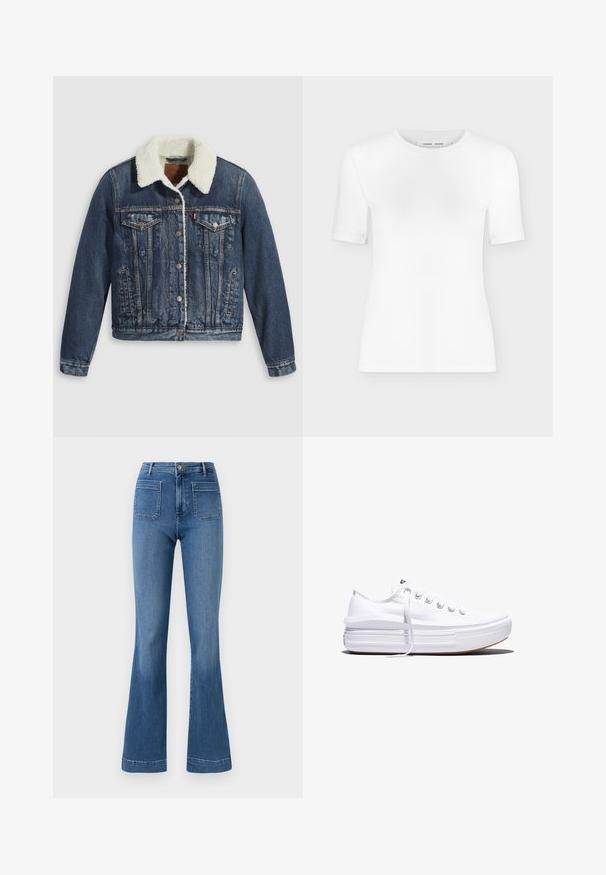 Jeansjack met een sherpa-gevoerde kraag, voorzien van twee borstzakken, zijzakken en zilveren knopen. Versleten donkerblauwe stof.; Wit T-shirt met korte mouwen en een ronde hals, een slanke pasvorm en geribbelde stof, weergegeven op een effen lichtgrijze achtergrond.; Gelaste blauwe spijkerbroeken van denim met een middellange taille, voorzien van twee achterzakken en een schone zoom. Soepele textuur en klassiek ontwerp.; Witte lage canvas sneaker met dikke plateauzool, veters aan de voorkant en rubberen toeskap met structuur, zijaanzicht.