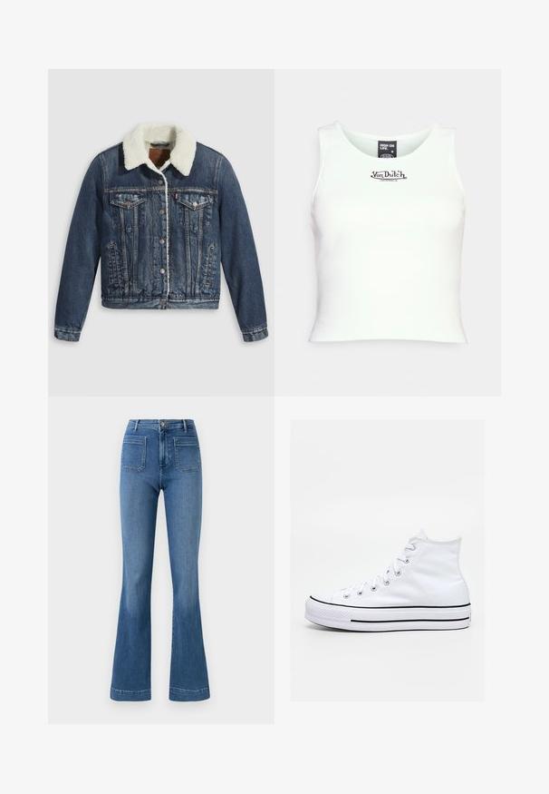 Denimjakke med sherpa-fôret krave, udstyret med to brystlommer, sidelommer og sølvknapper. Distressed mørkeblå stof.; Hvid ribbet crop tank top med rund halsudskæring og sort "Von Dutch" logo i midten. Lavet af strækbart bomuldsblandingsstof.; Bredde blå jeans lavet af denim med mellemhøj talje, der har to baglommer og en ren søm. Glat tekstur og klassisk design.; Hvid højtop-sneaker med sort stribe på sålen, snørebånd bundet, der ser ud til at svæve over en stenovertflade og kantbaggrund.