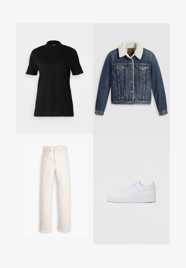 Denimjakke med sherpa-fôret krave, udstyret med to brystlommer, sidelommer og sølvknapper. Distressed mørkeblå stof.; Sort kortærmet t-shirt med høj hals, lavet af glat bomuldsstof. Enkel design uden synlige mønstre eller grafik.; Hvide denim jeans med lige ben, fem-lommestil og kobberdetaljer. Rå kantfinish ved anklerne.; Hvide Nike Air Force 1 sneakers med læderoverdel, rund tå, snørelukning, polstret krave og struktureret gummisål.