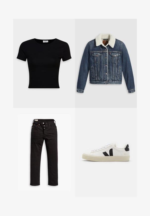 Jeansjack met een sherpa-gevoerde kraag, voorzien van twee borstzakken, zijzakken en zilveren knopen. Versleten donkerblauwe stof.; Zwarte korte mouwen t-shirt van gladde katoenstof, met een ronde hals en een getailleerd ontwerp. Minimalistisch zonder zichtbare patronen.; Zwarte rechtlopende jeans met knoopsluiting, voor- en achterzakken, en koperen klinknagels op een witte achtergrond.; Witte leren sneaker met zwart rubberen V-logo. Getextureerde off-white zool, witte veters en een achterkant met een detail van de merknaam in het zwart.