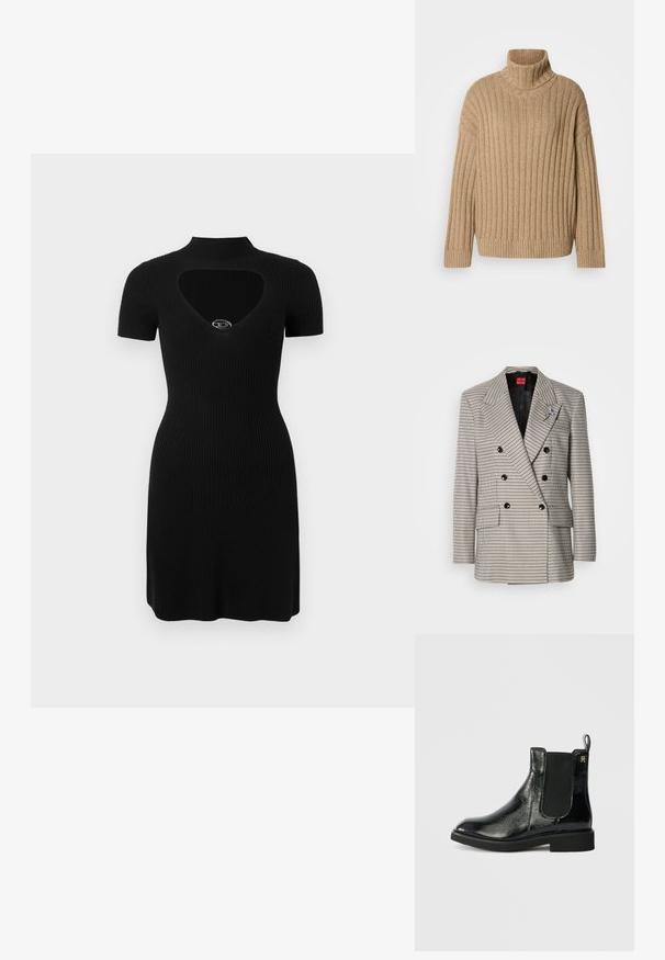 Blazer à double boutonnage à motif à carreaux dans des tons beige, noir et bleu. Comprend des revers crantés, deux poches avant et des boutons noirs.; Pull à col roulé beige côtelé avec manches longues, présentant un tricot texturé, un col large et un ourlet ajusté. Confectionné en matériau doux et chaud.; Robe noire côtelée avec un col montant, des manches courtes et une découpe en forme de cœur sur la poitrine avec un accent argenté.; Bottines Chelsea en cuir noir avec finition brillante, panneaux latéraux élastiques et languette. Semelle plate et bout arrondi. Design minimaliste avec détail de logo doré.