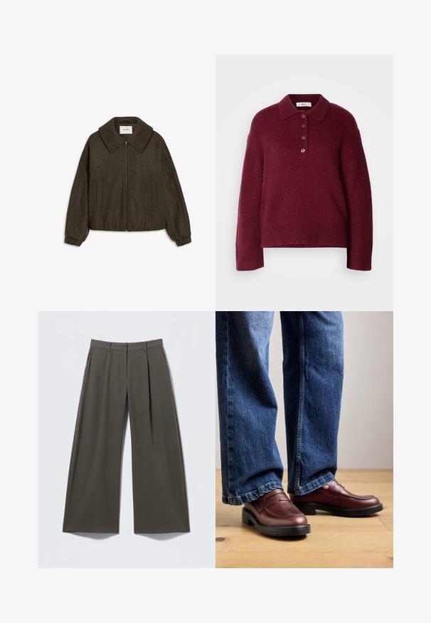 Oliven grøn cropped jakke lavet af uldblanding, med stor krave, frontlynlås og to sidelommer med elastiske ærmer.; Bordeaux strikket sweater med polo krave, fem knap lukning og ribbede manchetter og kant. Behagelig og afslappet pasform.; Bukser med brede ben i mørke olivengrønne med bæltestropper, forreste læg, sidelommer og lukning med lynlås.; Person iført brune læder loafers og blå jeans står på et trægulv mod en neutral baggrund.