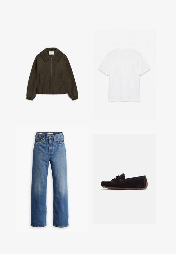 Olijfgroene kortjack gemaakt van een wolmix, met een grote kraag, voorrits en twee zijzakken met elastische manchetten.; Effend wit T-shirt met korte mouwen en ronde hals, plat gelegd op een witte achtergrond.; Lichtblauwe spijkerbroek met een hoge taille, brede pijpen, klassieke vijfzakkenstijl en subtiele vervaging in de stof.; Zwarte suède mocassin loafer met bruine rubberen zool, gestikte details en strikaccent bovenop, zijaanzicht op een witte achtergrond.