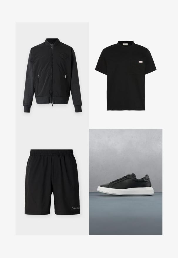 Sort bomberjakke med lynlåslukning foran, ribbede manchetter og et tekstureret stofdesign. Med et logo-patch på venstre bryst.; Sort t-shirt med korte ærmer og en brystlomme på venstre side med et lille Calvin Klein logo patch.; Sorte elastiske shorts med sidelommer, knælang længde, med lille Calvin Klein-logo på det nederste venstre ben.; Sorte lædersneakers med en glat overflade, hvid gummisål, afrundet form, seks øjer til snørebånd og diskret branding på hælen.