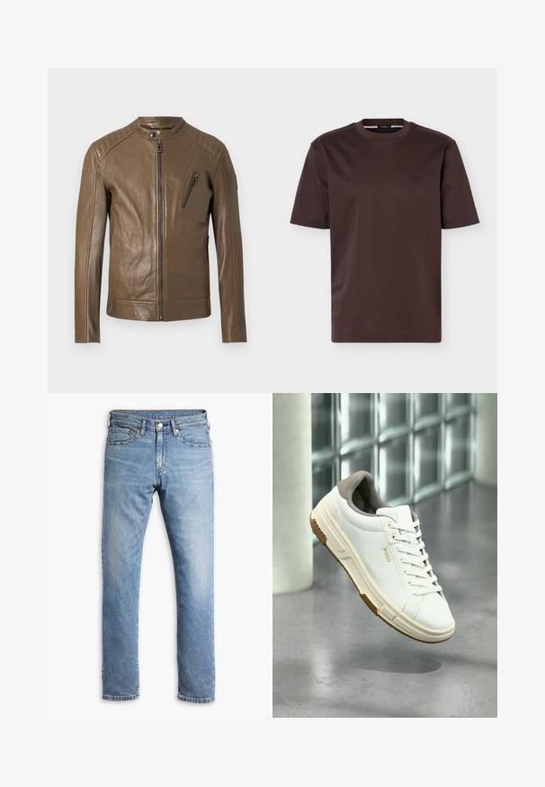 Brun læderjakke med frontlynlås, krave med trykknap, skrå lynlåslomme på brystet og quiltet skulderdetalje.; Mørkebrun kortærmet bomuld T-shirt med rund halsudskæring og lille broderet cirkulært logo på venstre bryst.; Lyseblå denim jeans med straight-leg design, fem lommer, kontrasterende syninger og en knap- og lynlåslukning i taljen.; Hvid sneaker med beige accenter, gummisål og snørebånd, mærket "HUGO", placeret over en poleret betongulv nær glasblokke.