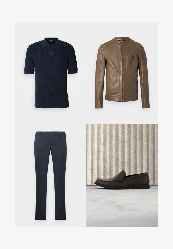 Bruine leren jas met voorrits, kraag met drukknopen, diagonale ritszak op de borst en doorgestikte schouderdetails.; Marineblauw ribbed poloshirt met een twee-knops knoopsluiting, korte mouwen en een platte kraag. De stof heeft een gestructureerde afwerking en een getailleerde pasvorm.; Nauwsluitende marineblauwe broek met steekzakken aan de voorkant, ceintuurlussen en een ritssluiting aan de voorkant, plat liggend op een witte achtergrond.; Donkerbruine leren instappers met een ronde neus, subtiele stikdetails en een lage rubberen zool. Gladde textuur met een flexibele pasvorm.