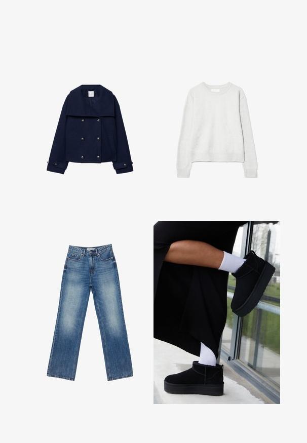 Marineblå uld peacoat med bred krave, dobbeltradet design, sølvknapper og sidelommer. Tekstureret stof med en struktureret form.; Lysegrå langærmet crewneck-trøje med ribbede manchetter og kant, lavet af blødt strikket stof, vist på hvid baggrund.; Blå jeans med høj talje og lige ben med knap- og lynlåslukning, for- og baglommer samt falmede detaljer på lårene.; Sorte suede ankelstøvler med flad sål, med en bageste træksløjfe, båret med hvide ankelstrømper mod en minimalistisk baggrund.