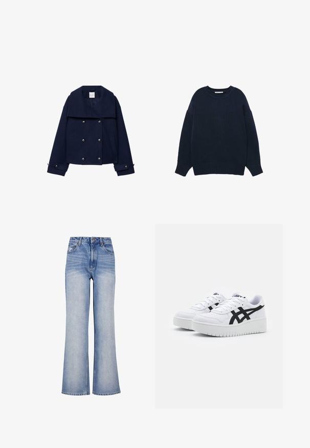 Marineblå uld peacoat med bred krave, dobbeltradet design, sølvknapper og sidelommer. Tekstureret stof med en struktureret form.; Mørkeblå crewneck-strikketrøje med lange ærmer og ribstrikkede manchetter og kant, lagt fladt på en hvid baggrund.; Lys blå denim bred-benede jeans har høj talje, knaplukning, diskret slidmærker og et klassisk fem-lomme design.; Hvide sneakers med en struktureret overflade, sorte sidestrek og en tyk hvid sål. Har snørebåndsdesign og logo på tungen.