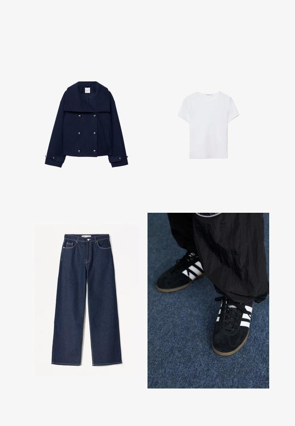 Marineblå uld peacoat med bred krave, dobbeltradet design, sølvknapper og sidelommer. Tekstureret stof med en struktureret form.; Hvid kortærmet t-shirt lavet af blødt stof. Har en rund halsudskæring og et simpelt, rent design med en lige underkant.; Mørkeblå brede jeans i denimstof med hvide syninger, har to frontlommer og en klassisk knaplukning.; Sorte suedetrainingssko med tre hvide striber og sorte snørebånd. Et tekstureret sort bukser er delvist synligt ved siden af skoene.