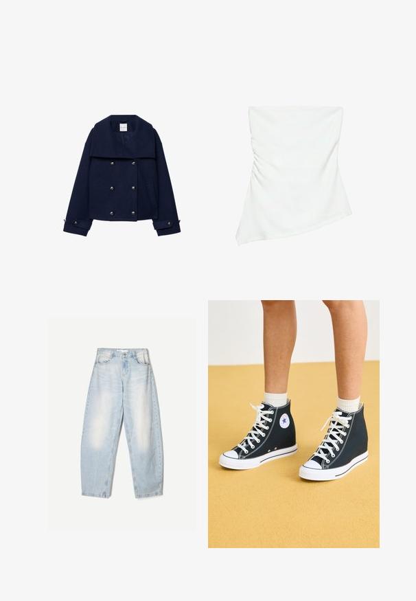 Marineblå uld peacoat med bred krave, dobbeltradet design, sølvknapper og sidelommer. Tekstureret stof med en struktureret form.; Hvid stropløs asymmetrisk top med let rynkedetalje på den ene side, figursyet stil, ren og minimalistisk design.; Lyseblå denimbukser med en loose fit, der har en falmet finish, to forlommer og en knaplukning i taljen.; Høje sneakers i mørkeblåt kanvas med hvide gummisåler, snørebånd og detaljer. Har et rundt logo og hvide syninger.