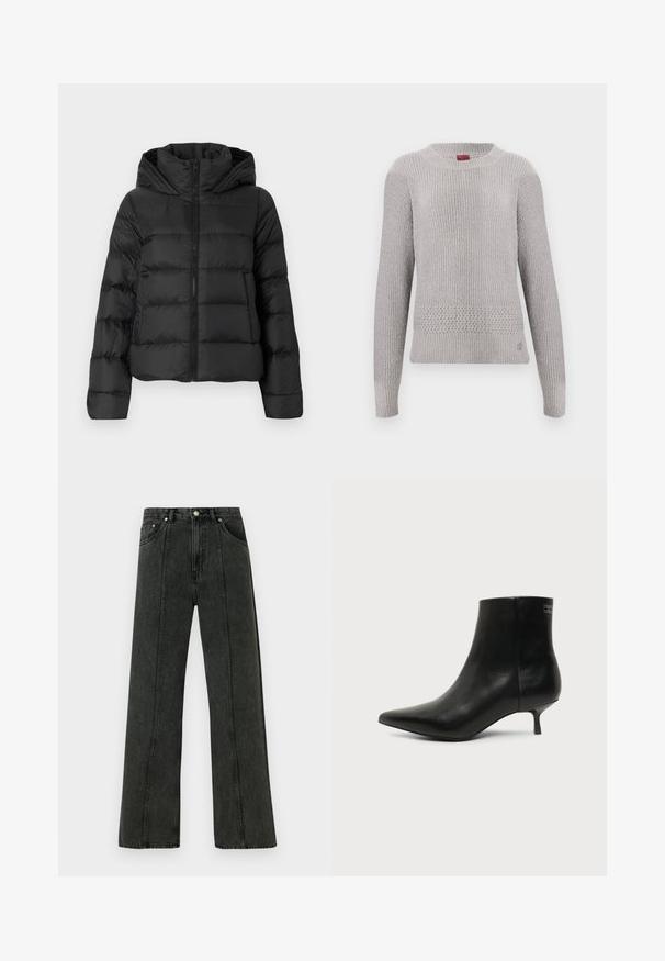 Sort puffjakke med lynlås foran og hætte. Har lodret quiltede sektioner og elastiske manchetter, lavet af et glat, let materiale.; Lysegrå sweater med struktureret strikket design, der har rund halsudskæring og lange ærmer. Detaljeret strikkemønster ved kanten.; Højtaljede jeans med vide ben i mørkegråt denim. Har et klassisk fem-lomme-design og synlige syninger langs forreste sømme.; Sort læder ankelstøvle med spids tå og lav kitten hæl på lys baggrund, der viser yderside.