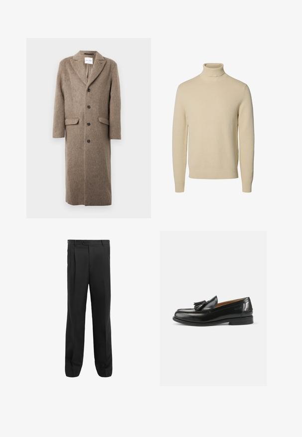 Lang brun uldfrakke med klapkraver, fire sorte knapper og to frontlomme med klap, hængende på en hvid baggrund.; Beige strikket rullekravesweater med lange ærmer og ribstrikkede manchetter og kant, vist på en ensfarvet hvid baggrund.; Sorte bukser med lige ben, der har plisseringer, en enkelt knaplukning og bæltests. Fremstillet af glat stof.; Sorte læder loafers med en kvastdetalje, en rund dramatisk tå og en glat overflade. Sålens flade design har et minimalt mønster.