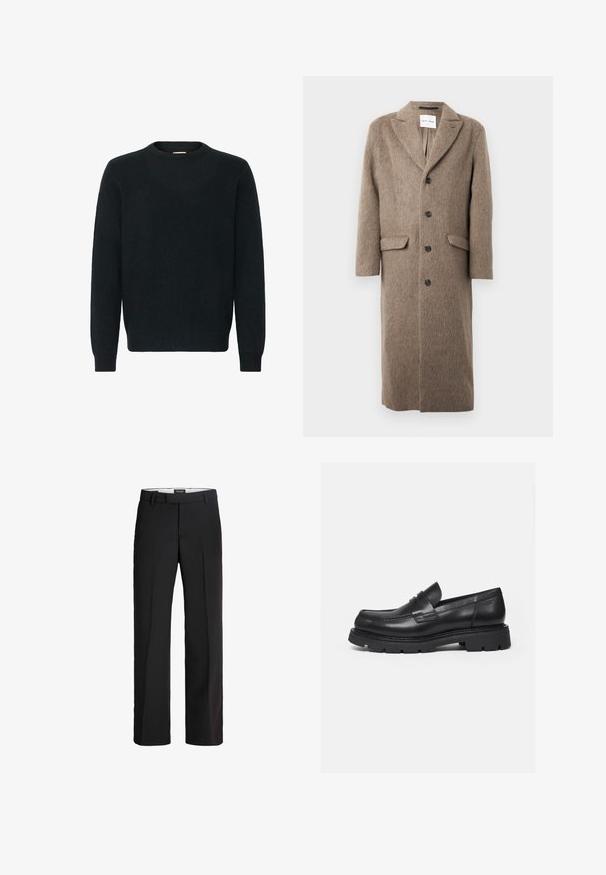 Lang brun uldfrakke med klapkraver, fire sorte knapper og to frontlomme med klap, hængende på en hvid baggrund.; Sort crewneck sweater lavet af et blødt strikket materiale. Lange ærmer, ribbede manchetter og kant med en glat tekstur og minimalistisk design.; Sorte bukser med skræddersyet pasform; har en glat front, to sidelommer og en glat tekstur; lavet af et let, åndbart materiale.; Sort læderloafer med tyk rillede sål og penny-remdetalje, vist i højre sideprofil på hvid baggrund.