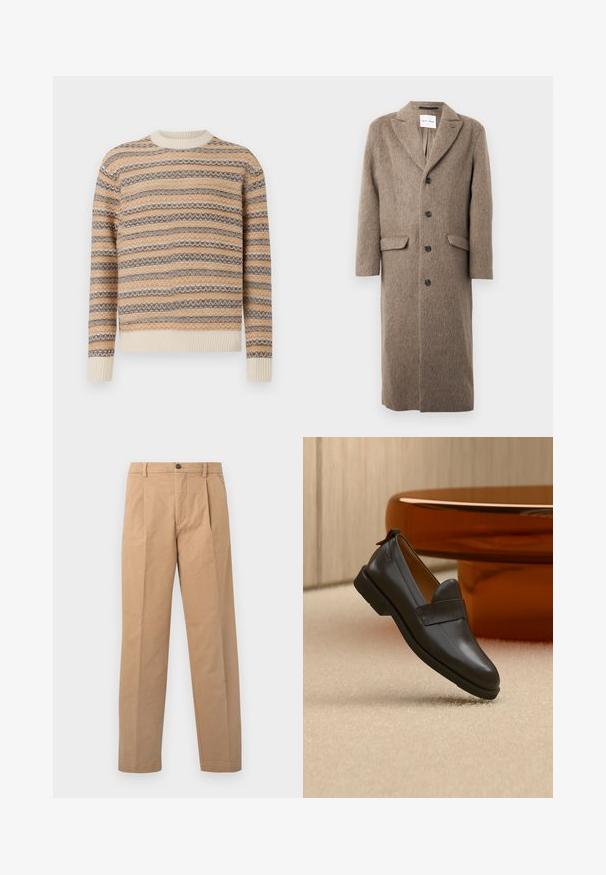 Langer brauner Wollmantel mit Reverskragen, vier schwarzen Knöpfen und zwei vorderen aufgesetzten Taschen, vor einem weißen Hintergrund aufgehängt.; Gestrickter Pullover in Beige, Braun und Creme mit Zickzackstreifenmuster. Verfügt über einen Rundhalsausschnitt sowie gerippte Bündchen und Saum.; Khakihosen mit geradem Bein, aus Baumwollstoff; verfügen über einen einzigen Knopfverschluss und zwei Vorderfalten.; Schwarzer Lederloafer mit niedrigem Absatz, der über einem beigen Teppich schwebt, neben einem glänzenden bernsteinfarbenen Tisch in einem minimalistischen Raum.