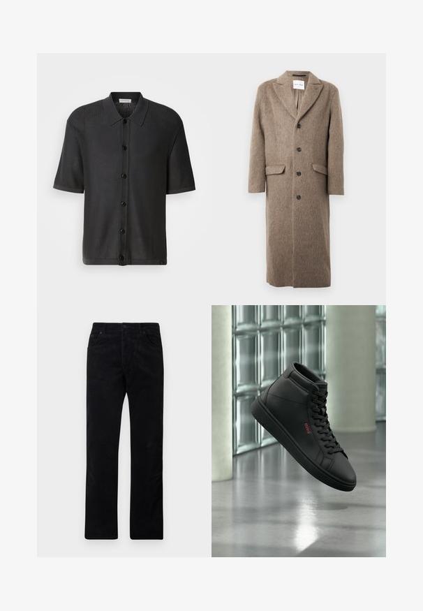 Lange bruine wollen jas met notch label, vier zwarte knopen en twee voorste klepzakken, hangend tegen een witte achtergrond.; Zwart shirt met korte mouwen, gemaakt van een mesh-textuur, met knopen aan de voorkant en een kraag. Heeft een soepele zoom en subtiele branding aan de onderkant.; Zwarte corduroy broek met een rechtvallend ontwerp, voorzien van vijf zakken, subtiele textuur en metalen knoopsluiting.; Zwarte hoge sneaker met veters en rood "Hugo"-logo, weergegeven tegen een achtergrond van glasblokken en betonnen vloer.