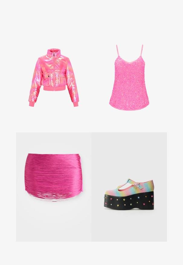 Gekürzte Pufferjacke aus glänzendem, schimmerndem pinkem Material. Verfügt über einen hohen Kragen, einen Frontreißverschluss und zwei Druckknopf-Taschen. Glatte Textur.; faina Top - pink; Rosa gefalteter Stoff mit horizontalen Linien, runder Form und kontrastierendem glänzendem Rand. Texturiert mit lebendiger Farbe und glatter Oberfläche.; Glitzernde Regenbogen-Plateauschuhe mit einem T-Riemen, verziert mit einer sternförmigen Schnalle und mehrfarbigen Sternen-Nieten auf einer schwarzen Grundlage.