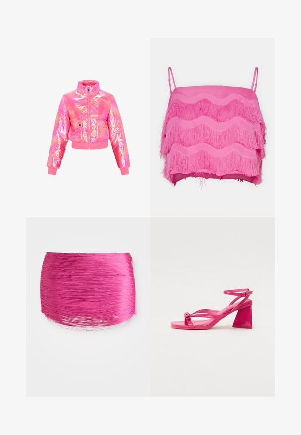 Chaqueta corta tipo puffer en material rosa brillante e iridiscente. Cuenta con cuello alto, cremallera frontal y dos bolsillos con botón a presión. Textura suave.; Top corto rosa con detalles de flecos en capas, que presenta patrones ondulados y finas correas ajustables. La textura de la tela suave complementa el diseño.; Tejido rosa plisado con líneas horizontales, forma redondeada y borde brillante en contraste. Texturizado con un color vibrante y un acabado suave.; Sandalias de tacón de charol rosa con punta cuadrada, tiras estrechas y un tacón geométrico cuadrado. Presenta un detalle de hebilla en la tira.