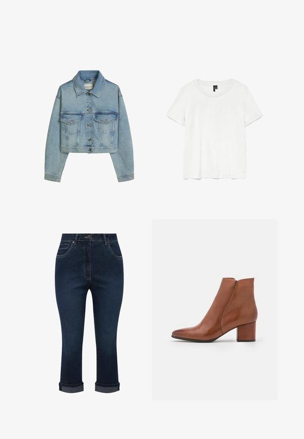 Hellblaue cropped Jeansjacke mit Metallknöpfen, zwei Brusttaschen mit Knöpfen und einem klassischen Kragen.; Weißes T-Shirt mit kurzen Ärmeln und rundem Ausschnitt, hergestellt aus leichtem Stoff. Schlichtes Design, glatte Textur und gerader Saum.; Dunkelblaue, kurze Jeans aus Denim mit Fronttaschen, Knopfverschluss und umgekrempelten Säumen.; Braune Leder-Ankle-Boots mit spitzem Zehenbereich, mittelhohem Blockabsatz und minimaler Nahtgestaltung. Glatte Textur mit polierter Oberfläche.
