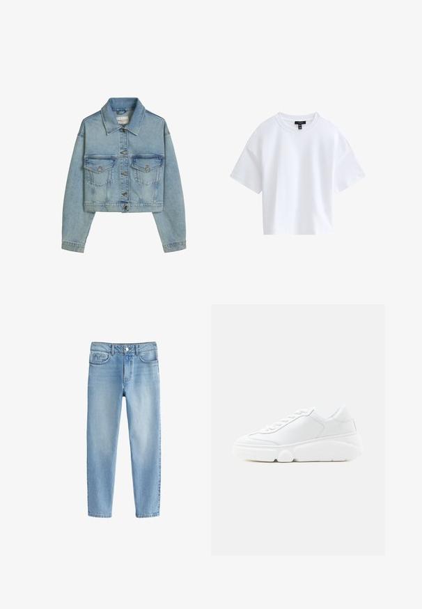 Lichtblauwe cropped spijkerjas met metalen knopen, twee borstzakken met knopen en een klassieke kraag.; Effen witte cropped T-shirt met korte mouwen, een ronde hals en een zwart merkembleem aan de binnenkant van de kraag.; Lichtblauwe katoenen denim jeans met een rechte pijpdesign, voorzien van vijf zakken en een knoopsluiting bij de taille.; Witte lage sneaker met dikke zool, veters aan de voorkant en een glad leren bovenwerk, getoond in zijaanzicht op een witte achtergrond.