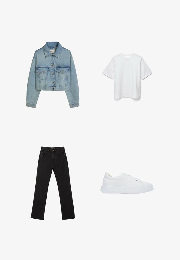Hellblaue cropped Jeansjacke mit Metallknöpfen, zwei Brusttaschen mit Knöpfen und einem klassischen Kragen.; Schlichtes weißes T-Shirt mit kurzen Ärmeln und Rundhalsausschnitt flach auf weißem Hintergrund ohne Muster oder Logos.; Schwarze Jeans aus Denim im geraden Schnitt, mit fünf Taschen und dezenten Kupferriegel-Akzenten. Hergestellt aus robustem Baumwollstoff.; Weiße Leder-Sneaker mit runder Zehenpartie, flachen Schnürsenkeln und einer dicken Gummisohle. Glatte Oberfläche mit minimalen Nähdetails.