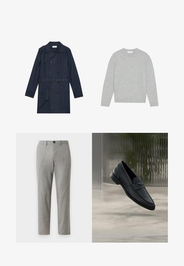 Marineblauer Trenchcoat aus leichtem Material, mit doppelter Knopfverschluss, tailliertem Gürtel und zwei seitlichen Taschen mit Klappendetail.; Hellgrauer Wollpullover mit rundem Ausschnitt, langen Ärmeln und gerippten Bündchen und Saum. Weiche Textur mit einem soliden, minimalistischen Design.; Graue gewebte Hose mit geradem Schnitt, ausgestattet mit einem Knopfverschluss und Gürtelschlaufen; glatte Textur und leichter Stoff für legere Anlässe.; Schwarzer Lederloafer mit glatter Oberfläche, spitzer Zehenpartie und gestickten Details über dem Spann. Niedriger Absatz und minimalistisches Design.