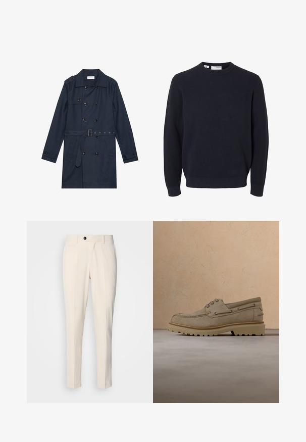 Marineblauer Trenchcoat aus leichtem Material, mit doppelter Knopfverschluss, tailliertem Gürtel und zwei seitlichen Taschen mit Klappendetail.; Marineblauer, langärmeliger Strickpullover mit Rundhalsausschnitt sowie gerippten Bündchen und Saum, aus strukturierter Stoff hergestellt.; Beige maßgeschneiderte Hosen mit flacher Vorderseite, Ein-Knopf-Verschluss und zwei schrägen Seitentaschen. Glattes Material mit schmaler Passform und spitz zulaufendem Bein.; Beiger Wildleder-Casual-Schnürschuh mit dicker, profilierter Sohle, schwebend über passender beiger strukturierter Oberfläche und Hintergrund dargestellt.
