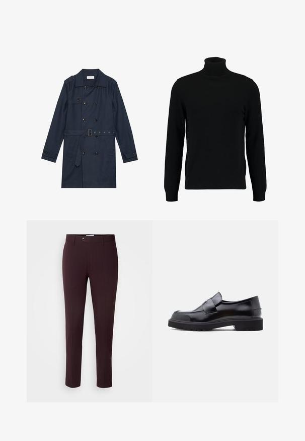 Marine trenchcoat i let stof, med dobbeltradet knaplukning, bæltestrop i livet og to sidelommer med klapdetalje.; Sort turtleneck sweater lavet af et blødt strikmateriale. Har lange ærmer, ribbet krave og kant. Enkel, slank design uden mønstre.; Mørkeburgunder bukser med slim fit, der har knaplukning, bæltestropper og frontfolder. Glat stof med et glat design.; Sorte læder slip-on sko med et slankt design, rund tå og en tyk, struktureret gummisål. Har en dekorativ rem på tværs foran.