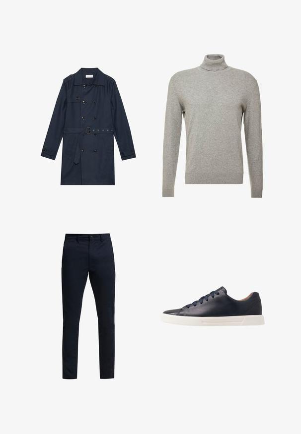 Marineblauwe trenchcoat van lichtgewicht stof, met dubbele knoopsluiting, ceintuur in de taille en twee zijzakken met flapdetail.; Grijze pullover trui met een hoge hals en lange mouwen. Gemaakt van een gladde, zachte stof met een nauwsluitend ontwerp en geribbelde accenten aan de zoom.; GAP ESSENTIAL SLIM FIT - Chino - new classic navy; Marineblauwe leren sneakers met een gladde afwerking, platte witte rubberen zool, ronde neus en zes marineblauwe veters die door ronde oogjes zijn geregen.