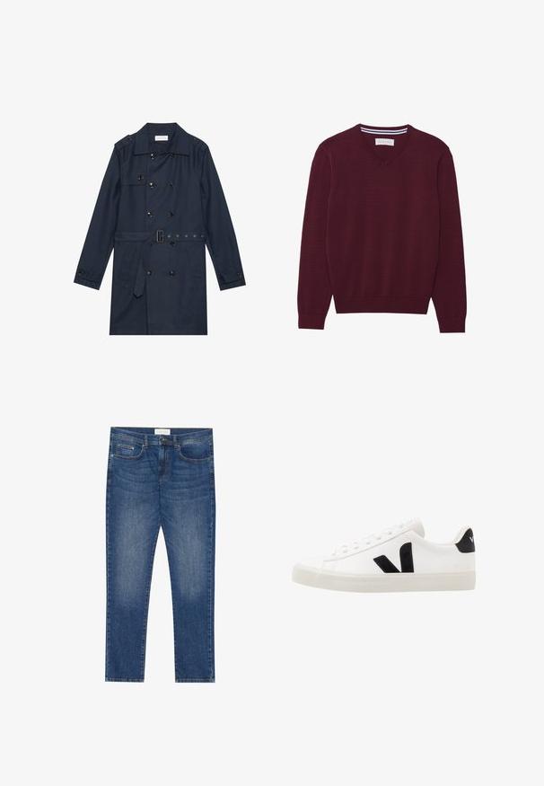 Marineblauer Trenchcoat aus leichtem Material, mit doppelter Knopfverschluss, tailliertem Gürtel und zwei seitlichen Taschen mit Klappendetail.; Bordeauxfarbener Strick-V-Ausschnitt-Pullover mit langen Ärmeln und gerippten Bündchen sowie Saum. Verfügt über einen kontrastierenden Streifen unter dem Ausschnitt.; Herren Jeans aus blauem Denim mit geradem Schnitt, fünf Taschen, leichtem Verwaschungsdetail sowie einem standardmäßigen Knopf- und Reißverschluss.; Weiße Leder-Sneaker mit schwarzen Wildlederelementen; verfügen über eine Gummisohle, eine runde Spitze und ein klassisches Schnürdesign. Seitliches Logo in Schwarz.