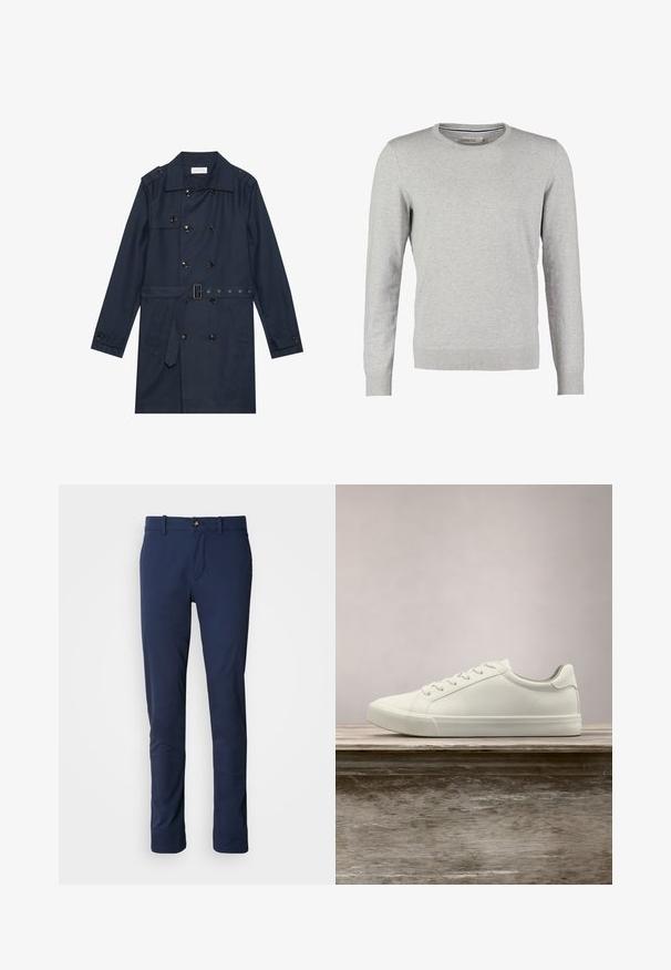 Marine trenchcoat i let stof, med dobbeltradet knaplukning, bæltestrop i livet og to sidelommer med klapdetalje.; Grå sweater med lange ærmer, rund halsudskæring, ribbede manchetter og kant. Fremstillet af et glat strikmateriale med en ensartet tekstur. Ingen mønstre eller accenter.; Mørkeblå bukser lavet af glat stof, med design i lige ben, lynlås i front og en enkelt forlommmepose med knaplukning.; Hvide snørresneakers svævende over en træbænk med grønne planter i baggrunden, der fremhæver skodesign og tekstur.