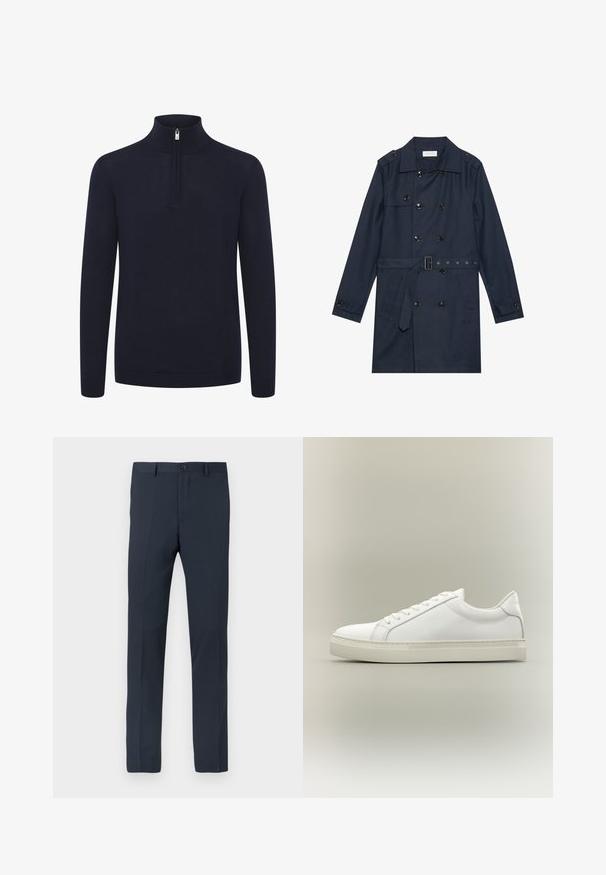 Manteau trench navy en tissu léger, présentant une fermeture à glissière double bouton, une taille ceinturée et deux poches latérales avec détail rabattu.; Sweat-shirt zippé bleu marine avec un col montant et des manches longues. Fabriqué à partir d'un tissu doux et texturé avec des poignets et un ourlet côtelés.; Pantalon bleu marine en tissu lisse, avec une coupe slim, des passants de ceinture, une fermeture à bouton sur le devant et deux poches latérales.; Baskets blanches basses à lacets sur l’avant et semelle épaisse, vues de côté sur un fond neutre.