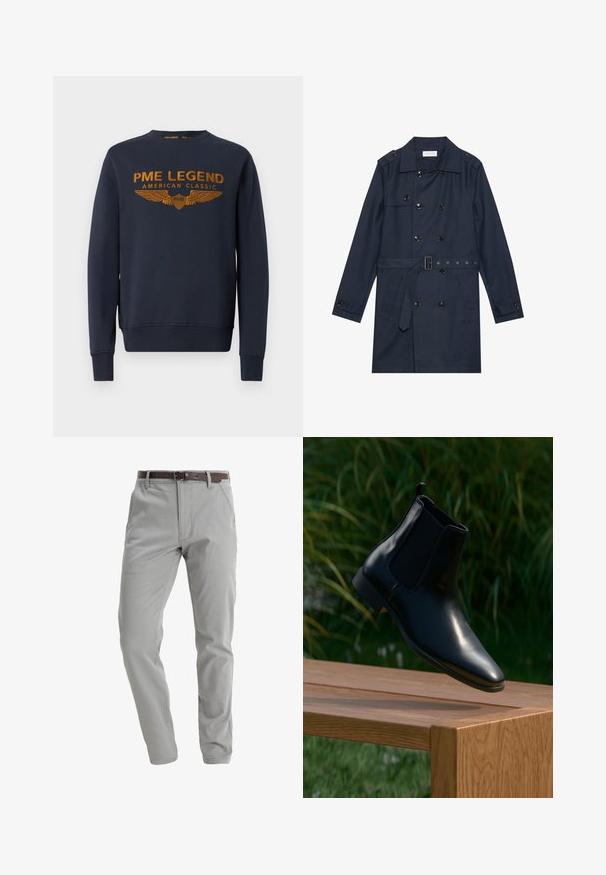 Marine trenchcoat i let stof, med dobbeltradet knaplukning, bæltestrop i livet og to sidelommer med klapdetalje.; Mørkeblå sweatshirt lavet af bomuld, med et gyldent trykt logo med vinger. Rund hals, lange ærmer, ribbede manchetter og kant.; Lysgrå bukser lavet af blødt stof, med lige ben-design, forlommer og et brunt læderbælte til fastgørelse.; Sort læder Chelsea-støvle svævende over en træbænk med græs og planter i baggrunden.