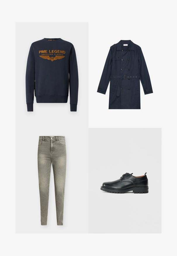 Marineblauwe trenchcoat van lichtgewicht stof, met dubbele knoopsluiting, ceintuur in de taille en twee zijzakken met flapdetail.; Marineblauwe sweatshirt van katoen, voorzien van een gouden bedrukte logo met vleugels. Ronde hals, lange mouwen, ribgebreide manchetten en onderrand.; Lichtgrijze denim skinny jeans met een hoge taille, ontwerp met vijf zakken, lichte slijtage en subtiele vervaging van de stof.; Zwarte leren derby schoenen met een gladde textuur, ronde neus, vetersluiting en een dikke, robuuste rubberen zool.