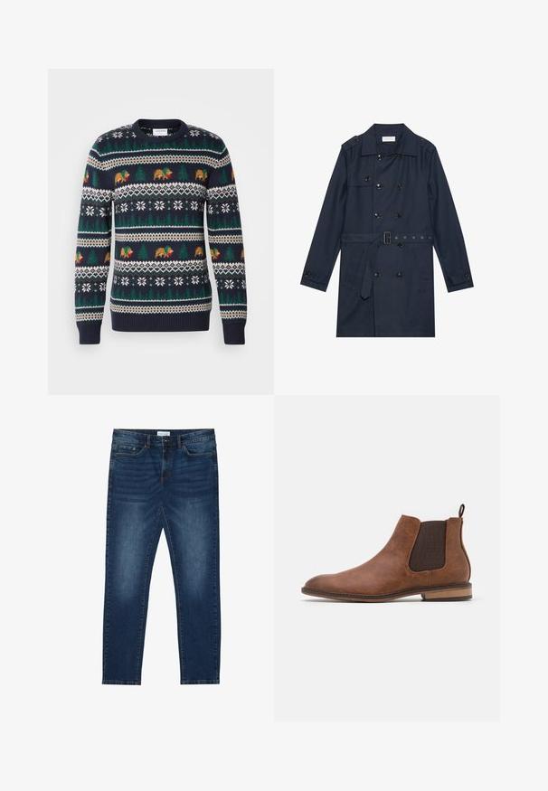 Marineblauwe trenchcoat van lichtgewicht stof, met dubbele knoopsluiting, ceintuur in de taille en twee zijzakken met flapdetail.; Marineblauwe gebreide trui met een feestpatroon van beren, bomen en sneeuwvlokken in groen, bruin en wit. Geribbelde boorden en zoom.; Donkerblauwe slim-fit jeans met vervaagde details, klassiek vijf-pocket ontwerp, knoopsluiting en riemlussen.; Bruine leren Chelsea-boot met elastische zijkanten, ronde neus en trekhaak. Heeft een gestructureerd afwerking en een lage houten hak.