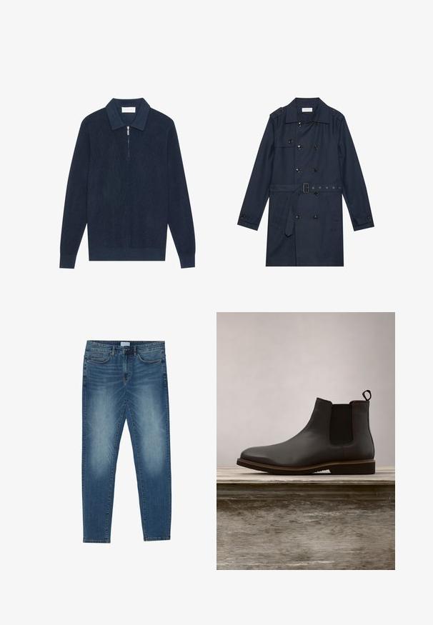 Marine trenchcoat i let stof, med dobbeltradet knaplukning, bæltestrop i livet og to sidelommer med klapdetalje.; Mørk marineblå strikket langærmet polo shirt med ribbet tekstur og en kort sølv lynlås ved kraven.; Denimjeans i midtblå med en falmet vask, fem-lomme design, lige ben pasform og broderede detaljer. Knap- og lynlåslukning.; Sorte læder Chelsea støvler med elastiske sidepaneler og rund tå, der har en tekstureret sål og diskrete syninger, hævet over en træoverflade.