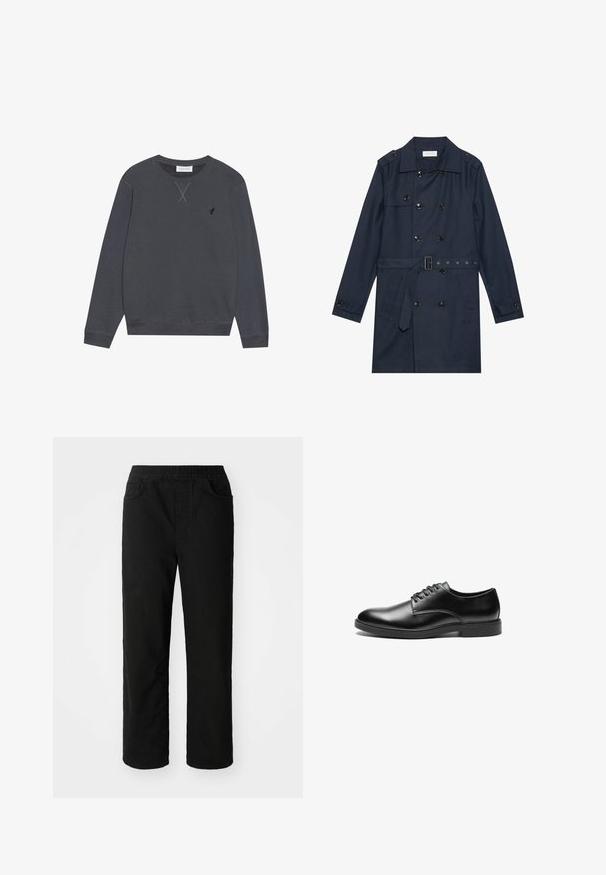 Marine trenchcoat i let stof, med dobbeltradet knaplukning, bæltestrop i livet og to sidelommer med klapdetalje.; Mørkegrå sweatshirt, lavet af bomuldsmateriale, rund hals, lange ærmer, med X-søm detalje ved halslinjen, lille logo på venstre bryst.; Sorte bomuldsbukser med en afslappet pasform, elastisk talje, to frontlommer og lige ben. Glat tekstur uden synlige mønstre.; Sorte læderherresko med en glat overflade, rund tå, seks hul snøresystem og en flad gummisål.