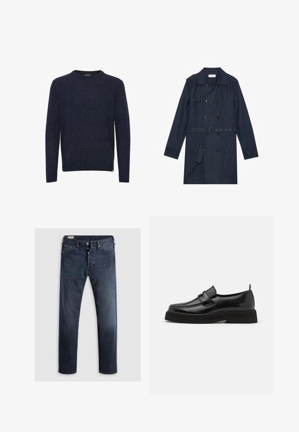 Manteau trench navy en tissu léger, présentant une fermeture à glissière double bouton, une taille ceinturée et deux poches latérales avec détail rabattu.; Pull bleu foncé à manches longues et col rond, design simple, sans motifs ni logos visibles, présenté sur fond blanc.; Jeans en denim bleu foncé avec une coupe droite, dotés d'un zip et de boutons en métal, ainsi que d'accents de rivets en cuivre. Texture lisse, sans motifs visibles.; Chaussures en cuir noir de style mocassin avec une semelle plate et texturée, présentant un bout piqué et une sangle traversant le cou-de-pied.