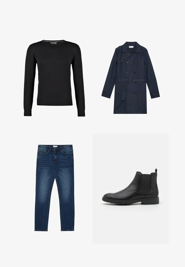 Manteau trench navy en tissu léger, présentant une fermeture à glissière double bouton, une taille ceinturée et deux poches latérales avec détail rabattu.; Pull en tricot noir à manches longues, col rond, avec des poignets et un ourlet côtelés. Texture lisse et coupe ajustée.; Jean slim-fit bleu foncé avec des détails délavés, design classique à cinq poches, fermeture à bouton et passants de ceinture.; Bottines Chelsea en cuir noir avec des panneaux élastiques sur les côtés et une languette, présentant un bout arrondi et une semelle en caoutchouc texturée.