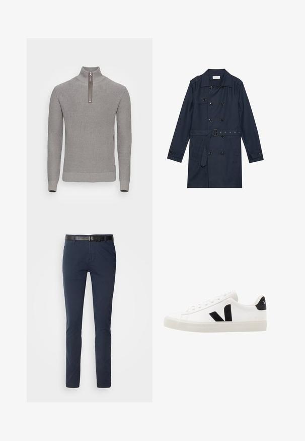 Manteau trench navy en tissu léger, présentant une fermeture à glissière double bouton, une taille ceinturée et deux poches latérales avec détail rabattu.; Pull en tricot gris avec un col montant et une fermeture éclair mi-hauteur. Il présente un motif texturé ainsi que des bords côtelés aux poignets et à l'ourlet pour un look ajusté.; Pantalons en coton bleu marine avec une coupe ajustée, dotés d'une ceinture en cuir noir texturé et de poches classiques. Design épuré, sans motifs.; Sneaker blanche en cuir avec des accents en daim noir ; dispose d'une semelle en caoutchouc, d'un bout rond et d'un design classique à lacets. Logo latéral en noir.