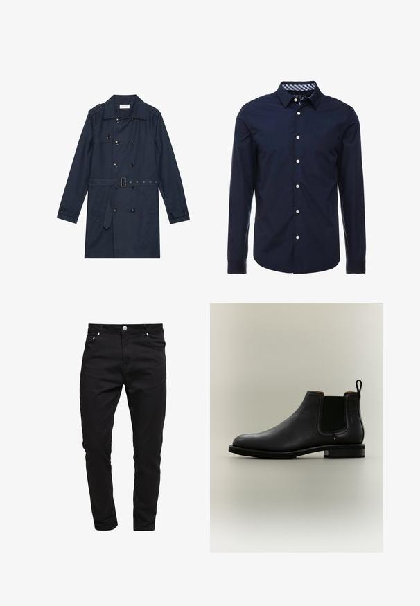 Abrigo trench de color azul marino en tejido ligero, con cierre de botones de doble pecho, cintura ceñida con cinturón y dos bolsillos laterales con detalle de solapa.; Camisa de manga larga azul marino con cuello abotonado, interior del cuello a rayas en contraste y botones blancos en el frente. Textura suave.; Jeans negros de tela de mezclilla, diseño ajustado, estilo de cinco bolsillos, cierre de botón metálico, con detalles de costura y una textura suave.; Bota Chelsea de cuero negro con paneles laterales elásticos y pestaña en un fondo gris claro.